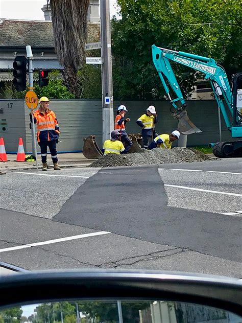 stock photo  digging road works traffic