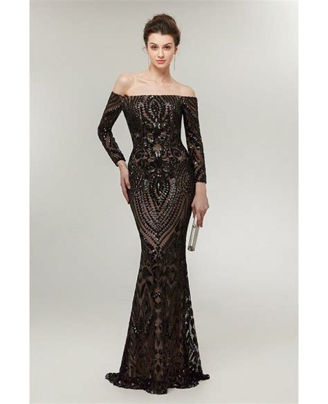 sexy black long sequin tight prom dress off the shoulder sleeves c0015