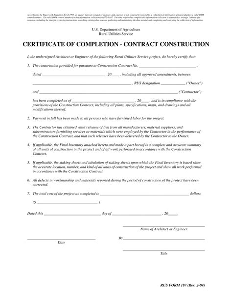 construction work completion certificate  form formspal