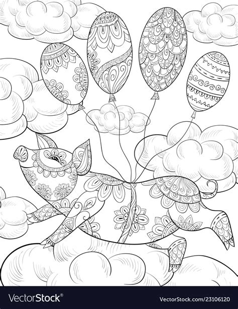 adult coloring bookpage  cute flying pig   vector image