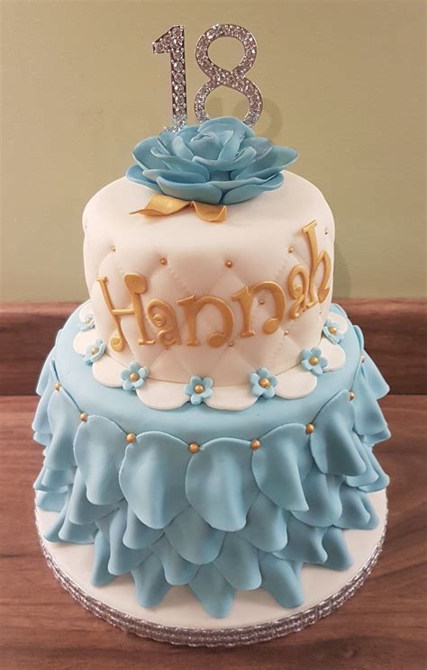 tier  birthday cake quilted blue cream gold ruffle rose frill