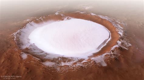 winter wonderland giant ice filled crater  mars photographed  esa tech digest