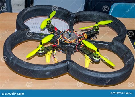 homemade flying drone   propellers controlled remotely   computer program stock photo