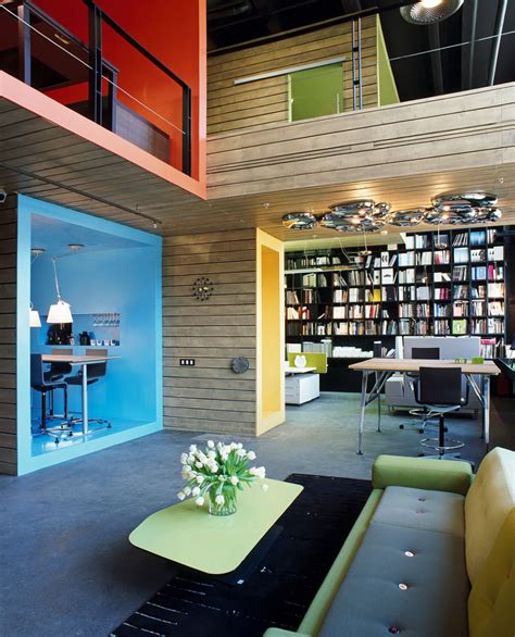 formal factory turned   colorful office  showroom