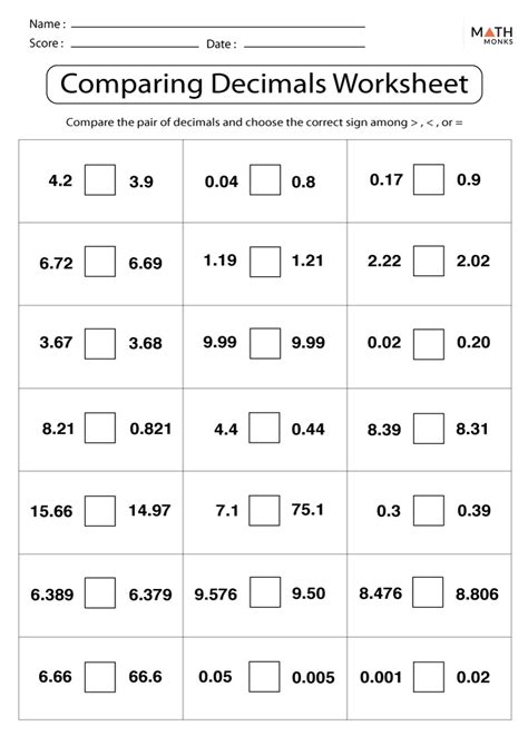 comparing  ordering decimals worksheets math monks