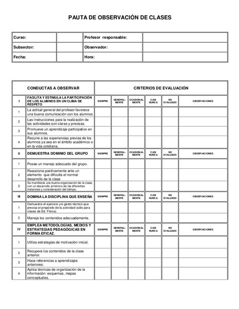 Pauta Observación Clases Ficha De Observacion Evaluacion Docente