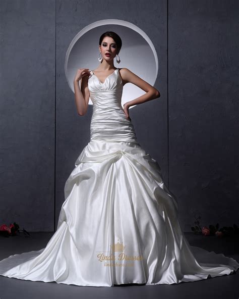 Ivory Satin V Neck A Line Wedding Dress With Ruching And