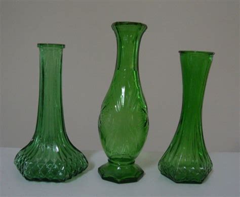 Vintage Glass Green Bud Vases Set Of 3