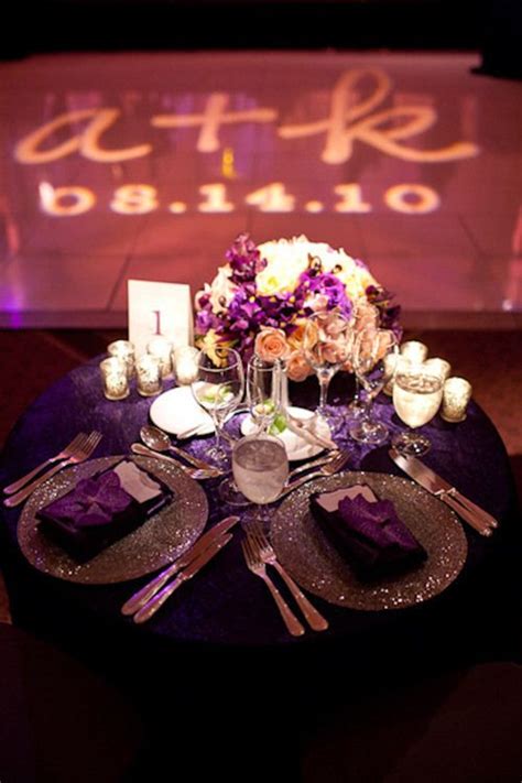 purple and silver elegant wedding tablescape yummy food