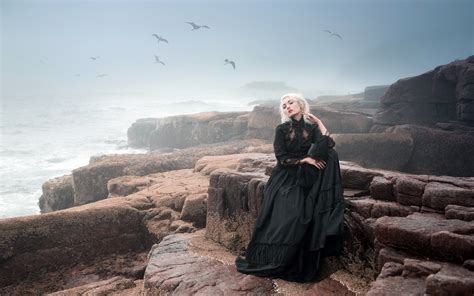 wallpaper landscape women model fantasy girl sea rock cliff