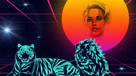 woman face in moon and neon lion hd vaporwave wallpapers