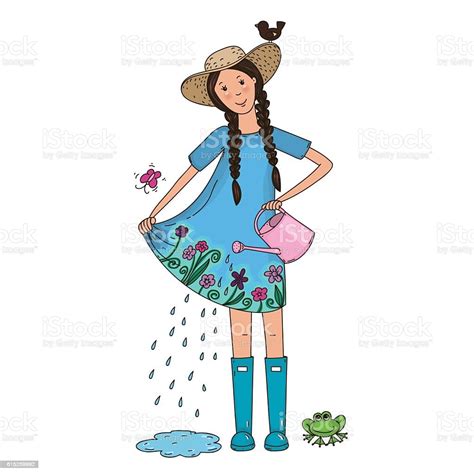 The Girl Watering Flowers On The Dress Vector Illustration Stock