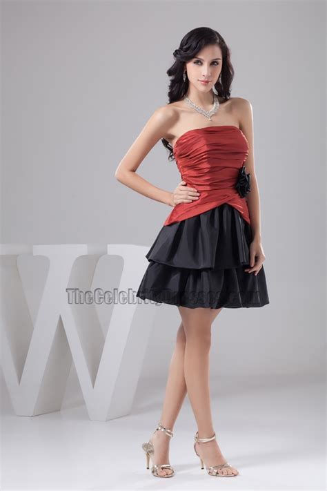red and black strapless short party homecoming dresses