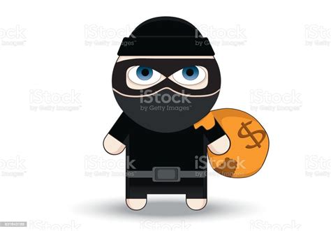 thief flat character design bandit with big bag robber in mask cartoon