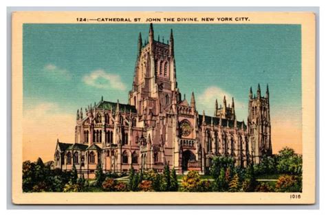 york city cathedral st john  divine linen unposted postcard