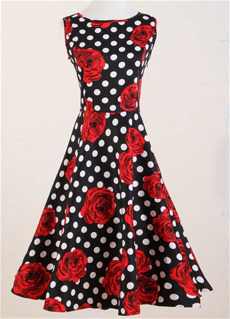 black white polkadot red roses print dresses uk style