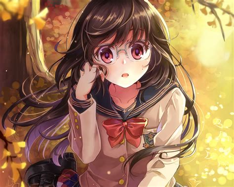 Autumn Bow Brown Hair Cropped Glasses Leaves Long Hair