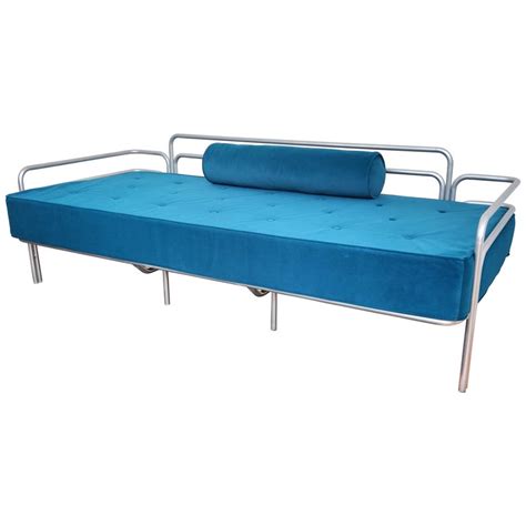 1960s italian steel and tufted velvet blue re upholstered sofa or