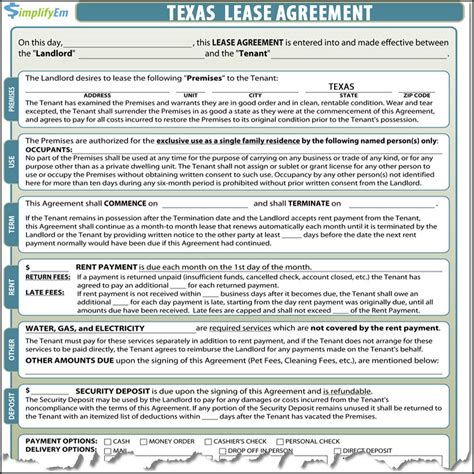 printable texas lease agreement  printable world holiday
