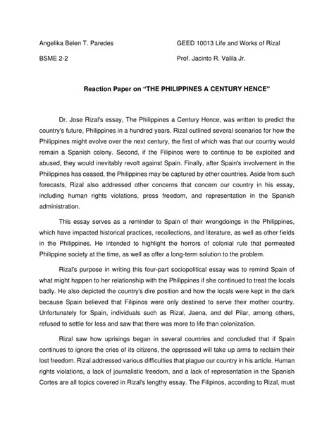 reaction paper   philippines  century