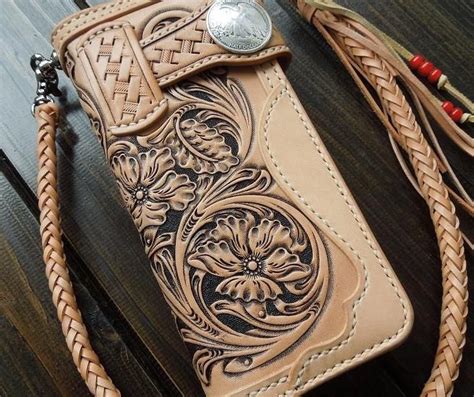 handmade leather biker wallet tooled floral mens cool chain wallet tru