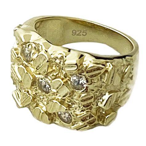 mens nugget ring  gold plated  real solid  sterling silver