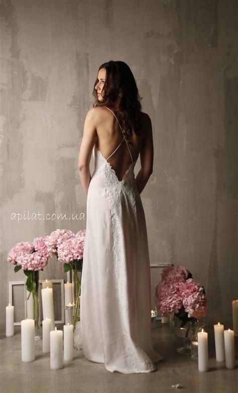 Long Silk Bridal Nightgown With Open Back And Lace Etsy