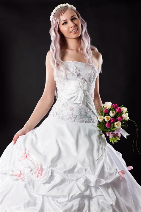 beautiful bride wearing wedding dress with black