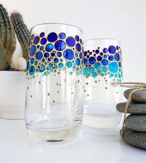 Blue Drinking Glasses Set For Couple Painted Glass Tumblers Etsy In