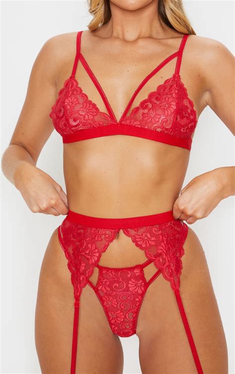 red lace trim 3 piece lingerie set lingerie prettylittlething