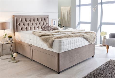 luxury grey suede divan bed set  memory foam mattress  headboard sleepyn