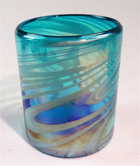 Mexican Glass Turquoise And White Swirl Tumblers Made In