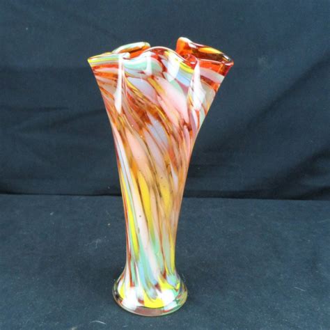 Hand Blown Art Glass Flower Vase Multi Color Ruffled Edge Glass