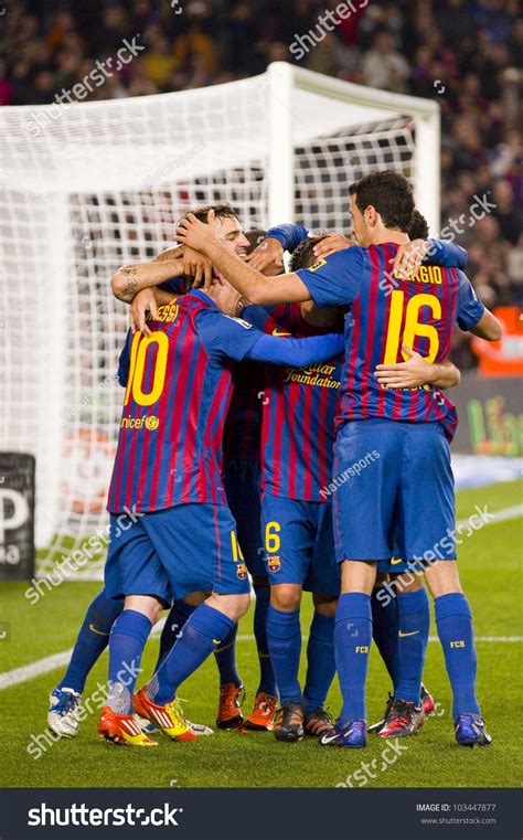 barcelona january  fcb players celebrating  goal   spanish cup match  fc