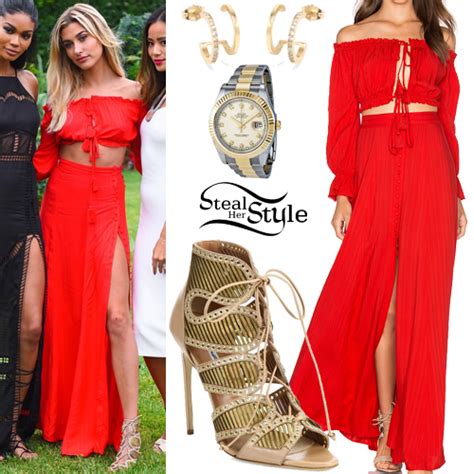 hailey baldwin red crop top and maxi skirt steal her style