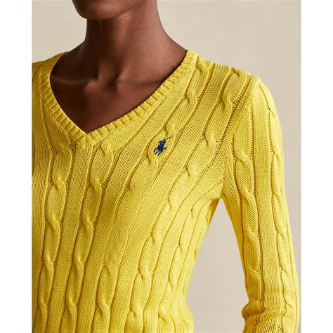 Polo Ralph Lauren Cable Knit Cotton V Neck Sweater In Yellow Lyst