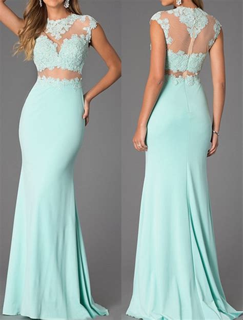 mermaid mint green lace prom dresses sexy illusion lace