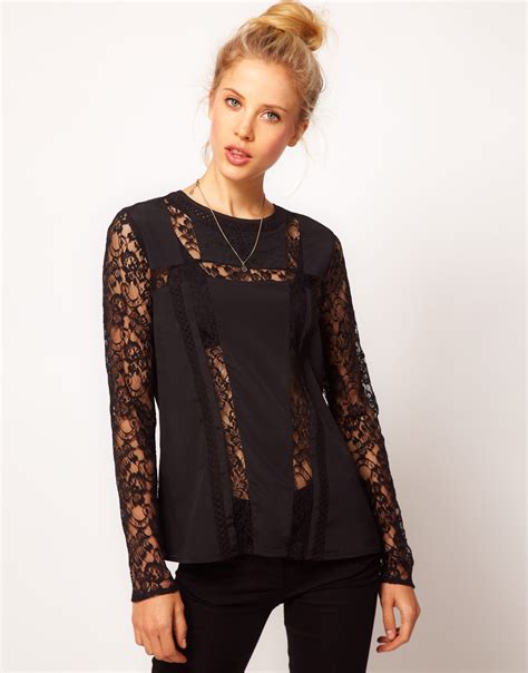 lyst asos collection asos blouse  lace inserts  lace sleeves  black