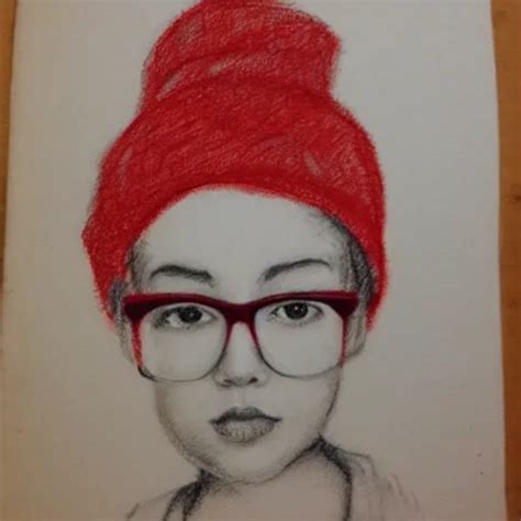 A Girl With Glasses Wearing A Red Cuff Beanie Pencil Sketch Arthub Ai
