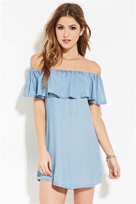 Forever 21 Chambray Off The Shoulder Dress In Blue Lyst