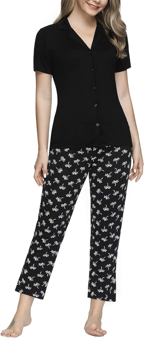 Womens Short Sleeve Pajama Set Button Down Cotton Sleepwear Set Lapel