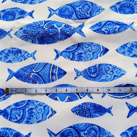 blue fish pattern fabric marina modern fish design fabric  etsy