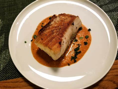 [homemade] Pan Seared Sea Bass In Roasted Red Pepper Sauce R Food