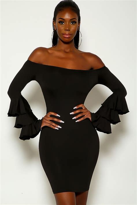 Black Off The Shoulder Long Sleeve Ruffled Party Dress Dresses Party