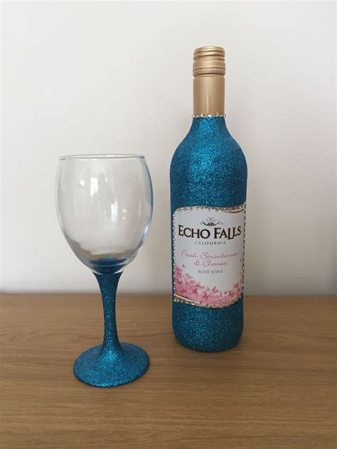 Blue Glittered Wine Bottle With Matching Glass Glitter Glitter Mod