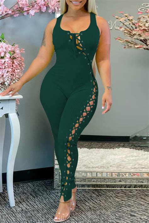 Fashion Ink Green Sexy Casual Solid Bandage Hollowed Out U Neck Skinny