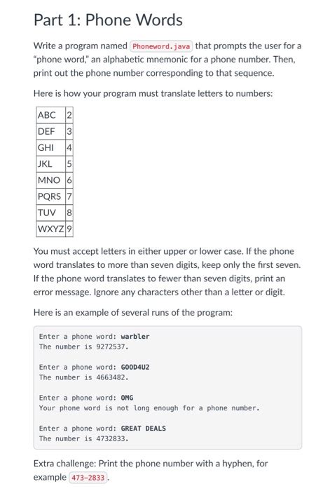 solved part  phone words write  program named phoneword cheggcom