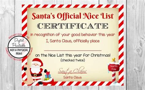 santa nice list certificate printable instant  dear santa