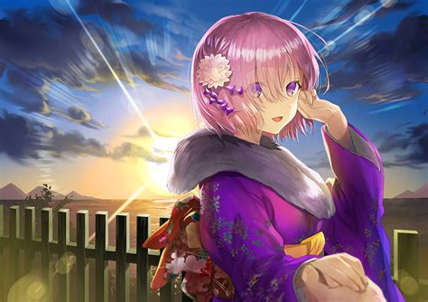 clouds fate grand order fate series japanese clothes kimono mash kyrielight pink hair purple