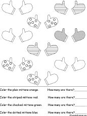 sorting color  count  mittens worksheet printout